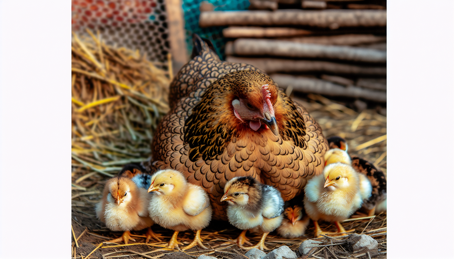 Mother hen nurturing chicks
