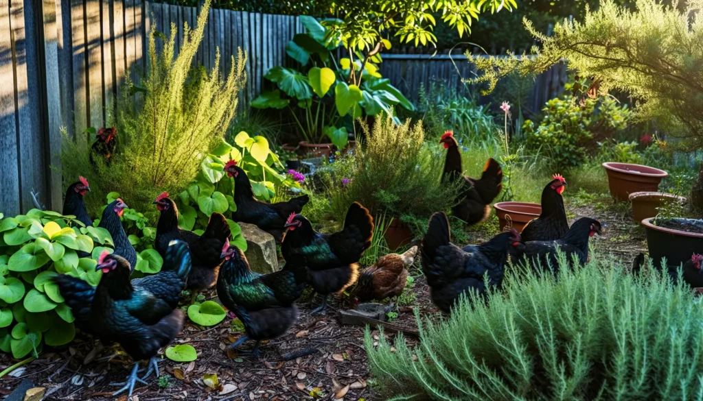 Australorp chickens in a backyard setting
