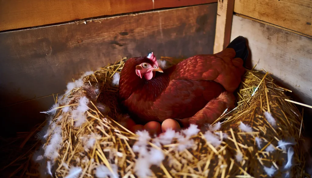 Hen laying eggs in a cozy nest