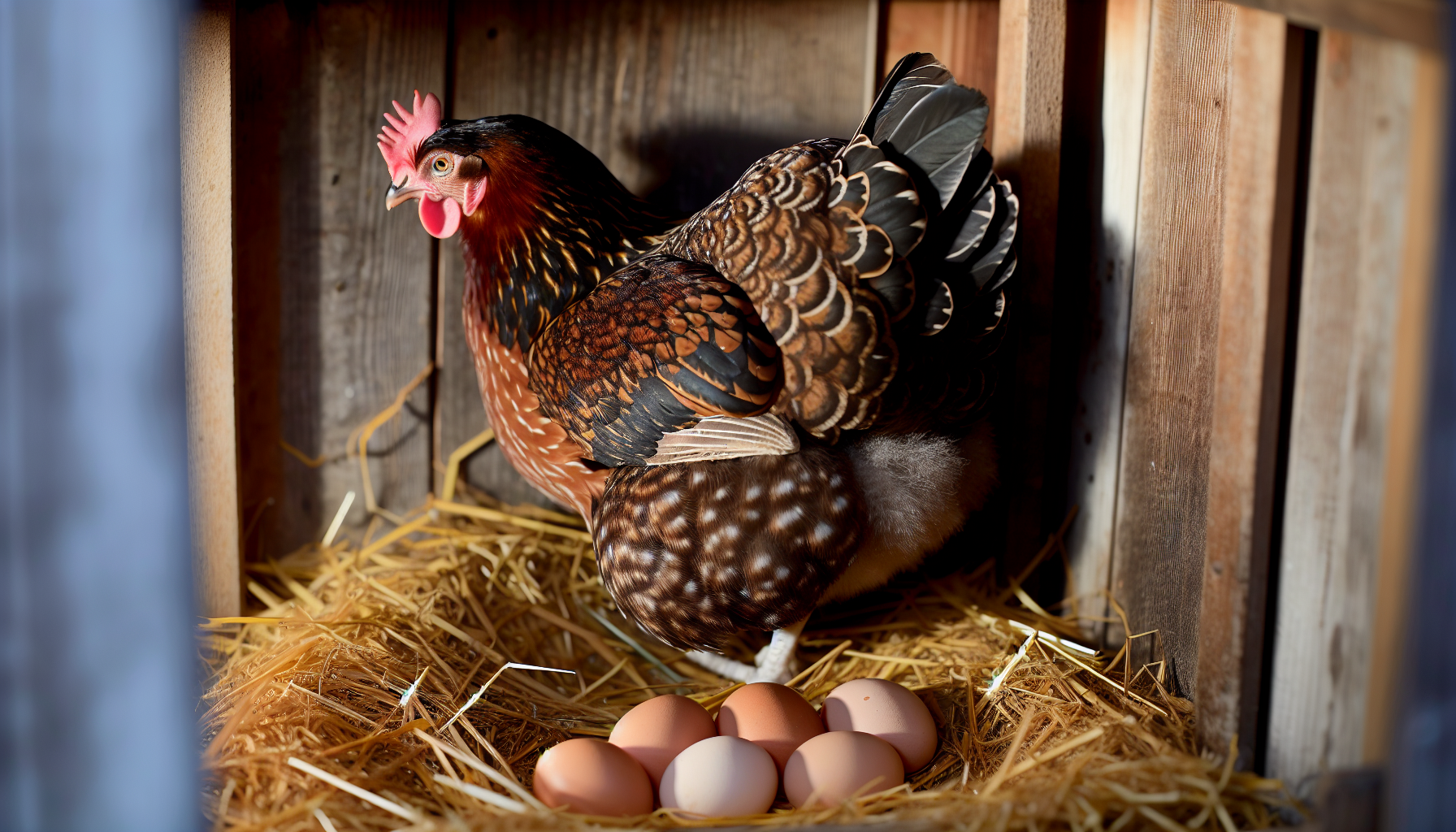 Speckled Sussex hen laying light brown eggs