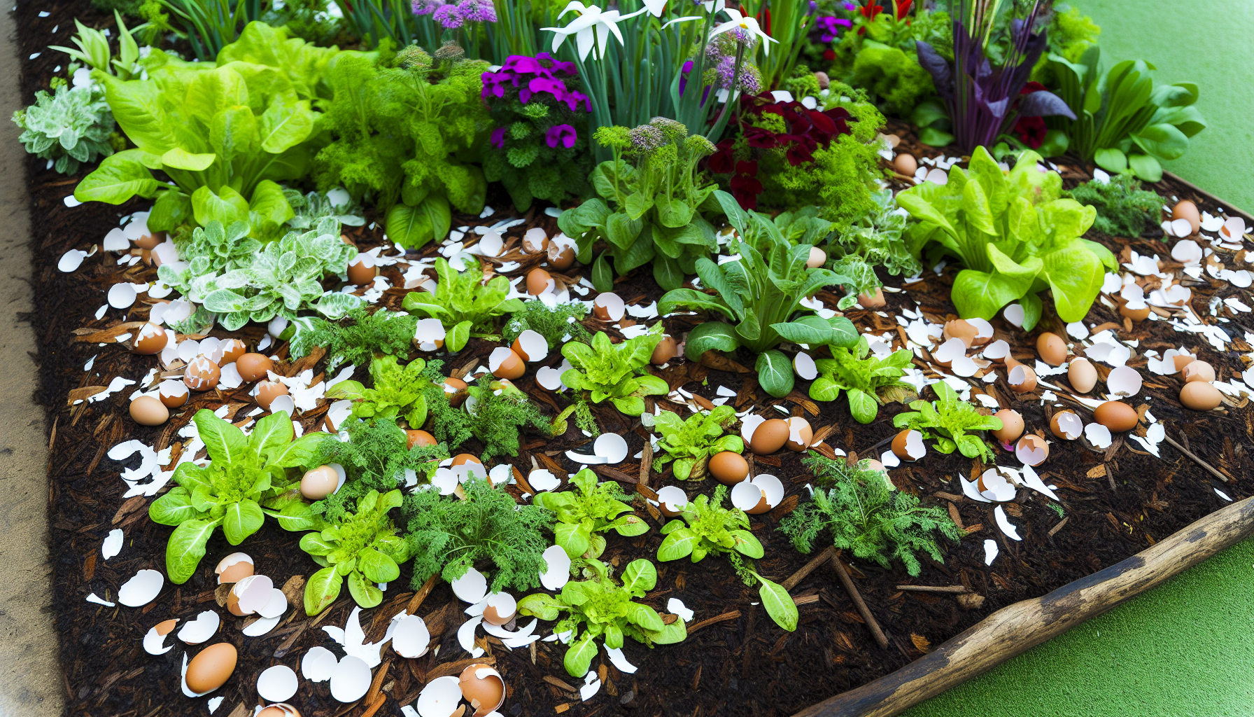 Eggshells scattered as natural fertilizer and mulch in a garden