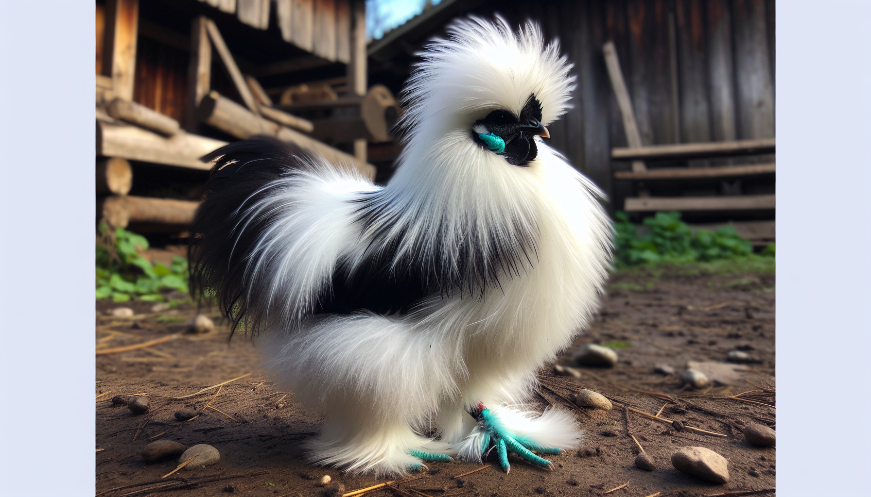 Silkie chicken with fluffy feathers and extra toe